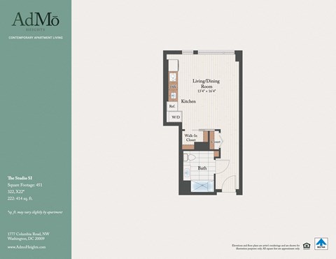 Floor plan for studio, 1 bath, 414 sqft